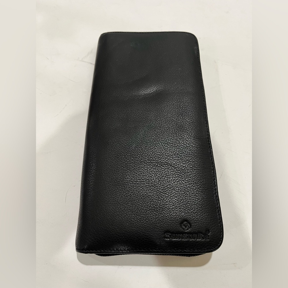 Samsonite black leather passport, travel trip ticket holder